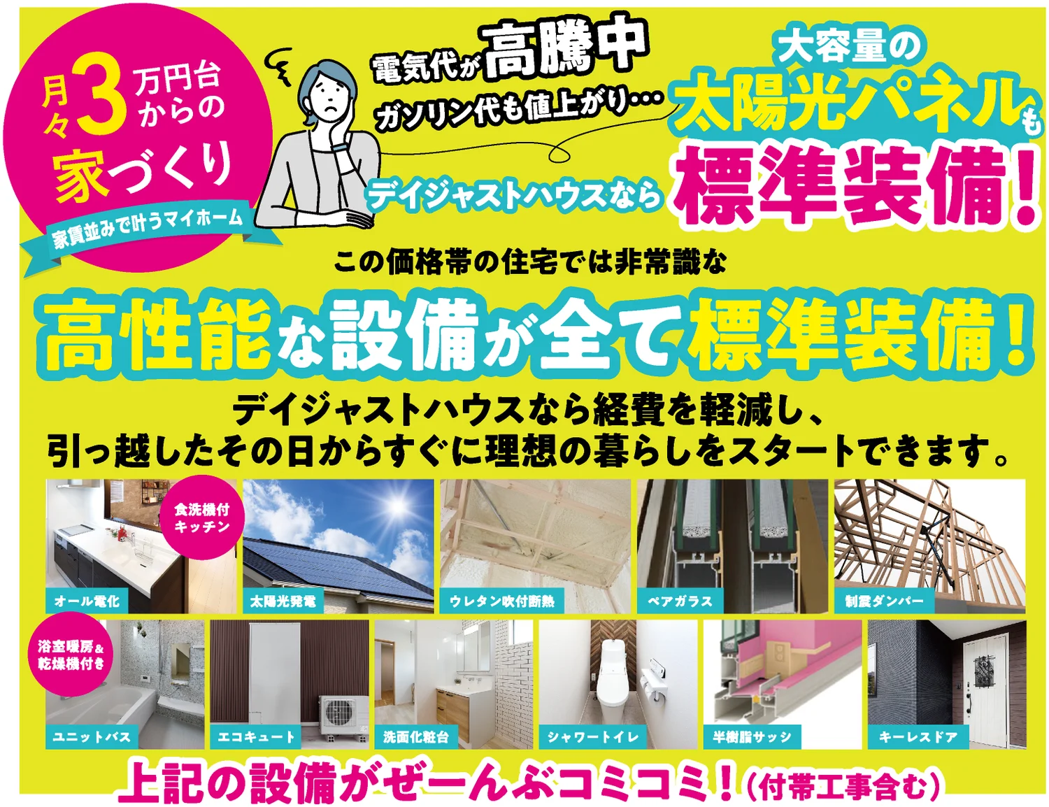 月々3万円台からの家づくり 家賃並みで叶うマイホーム 電気代が高騰中 ガソリン代も値上がり… デイジャストハウスなら大容量の太陽光パネルも標準装備！ この価格帯の住宅では非常識な 高性能な設備が全て標準装備！ デイジャストハウスなら経費を軽減し、引っ越したその日からすぐに理想の暮らしをスタートできます。 オール電化 食洗機付キッチン 太陽光発電 ウレタン吹付断熱 ペアガラス 制震ダンパー ユニットバス（浴室暖房＆乾燥機付き） エコキュート 洗面化粧台 シャワートイレ 半樹脂サッシ キーレスドア 上記の設備がぜーんぶコミコミ！（付帯工事含む）