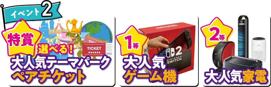 特賞 選べる！大人気テーマパークペアチケット／1等 大人気ゲーム機／2等 大人気家電